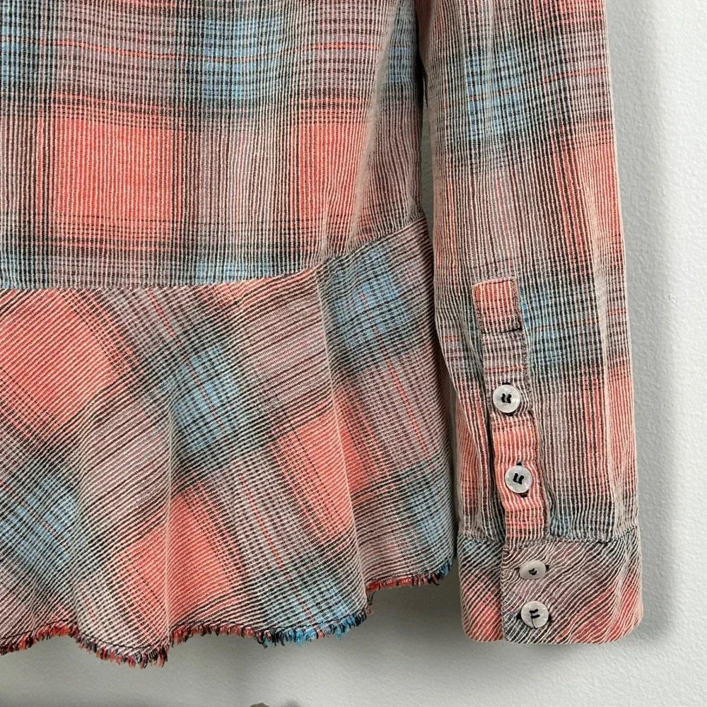 We‎ The Free Faded Plaid Corduroy Button Up Shirt Coral Blue Frayed Hem Peplum M